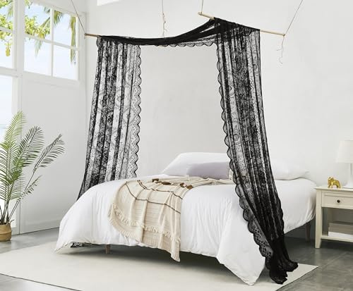 NOIR GOTHIC DECOR 144 Zoll Schwarz Spitze Baldachin Bettvorhänge LEC Black | Schwarze Gothic-Betthimmel-Vorhänge für Doppelbett, um dunkle Schlafzimmer-Dekoration, Gothic-Dekor oder