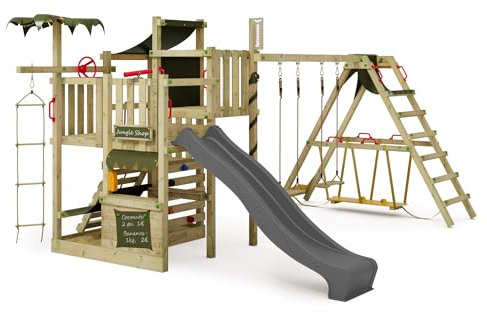 FATMOOSE Spielturm Klettergerüst CrazyCoconut Club XXL mit Surfanbau, anthraziter Rutsche & Plane, Outdoor Kinder Kletterturm mit Sandkasten, Leiter & Spiel-Zubehör für den Garten