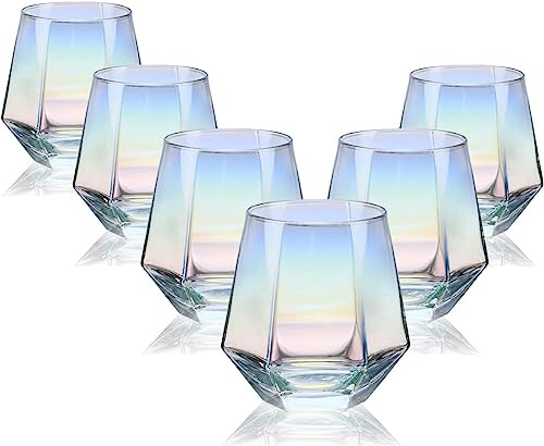 Wine Glasses Set of 6 (10 Oz), Stemless Wine Glass for Red and White Wine, Iridescent Diamond Shaped Glassware for Whiskey, Cocktail, Gift for Anniversary, Wedding, Housewarming, Birthday