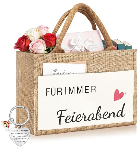 Renteneintritt Geschenk für Frau, Rente Abschiedsgeschenk Kollegin Faltbare Jutetasche Shopper & Metall Schlüsselanhänger mit Gravur für Mama Damen Freunden Shopping Reisen Geschenkset