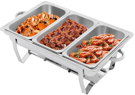 Professional Buffet Dishes Warming Set, 410 Stainless Steel Warming Containers with Alcohol Fuel Can, Rectangular Catering Chafing Warmer Set with 3 Free-Standing Compartments, Food Warmers for Cater