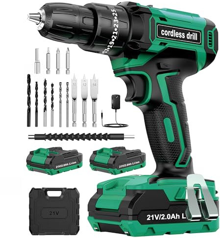 Cordless Hammer Drill 21V, Power Drill Set with 2 Batteries 2.0Ah, 25+3 Torque, 42N.m Max LED Light, 20pcs Bits Battery Drills for Home DIY Project