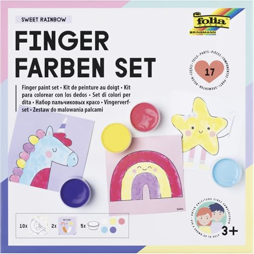 folia 48211 - Kit de Peinture au Doigt Sweet Rainbow, kit créatif avec 5 x 30 ML de Peinture au Doigt Lumineuse, 10 modèles à colorier avec des Motifs Fantaisie et 2 modèles de mélange