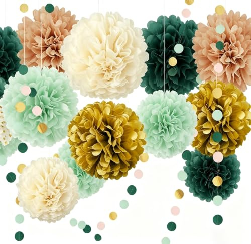 party deko,17Stück pompons deko,Salbeigrün Rosa Salbei Altrosa Deko | apierlaterne Papierfächer Papier Girlande für Grün Rosa Hochzeit Party DekorationenBrautparty Geburtstagsdeko