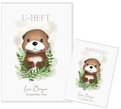 Personalisierte U-Heft Hülle & Impfpass Hülle für Babys und Kleinkinder – Tiermotive (Dschungeltiere, Waldtiere, Wassertiere) – Baby UHefthülle mit Name - Geschenk zur Geburt & Taufe (Otter)