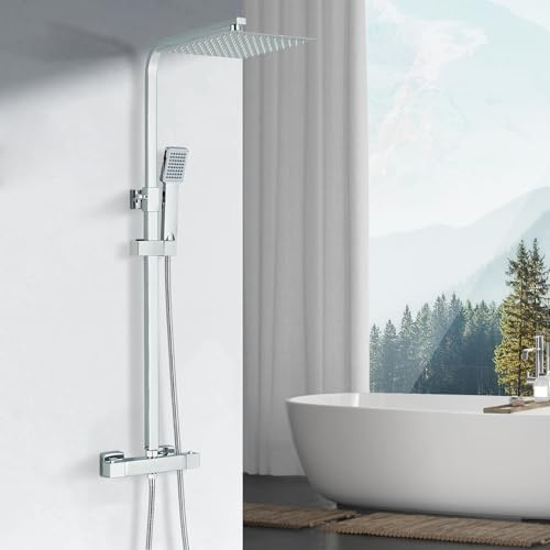 Cesinkin Thermostatique Colonne de Douche Chromé avec Mélangeur Ensemble de Douche Réglable en Hauteur 25x25cm Pluie Pommeau de Douche Carré avec Douchette à main Acier Inoxydable
