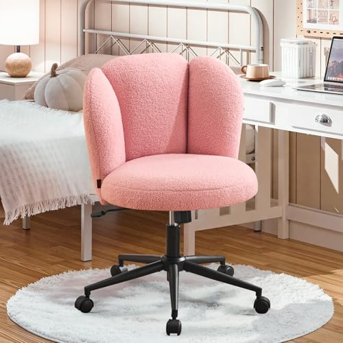 Ckaff Homeoffice Stuhl Schminkstuhl, Schreibtischstuhl Bürostuhl Blütenblatt-Rückenlehne 360° Drehbar Höhenverstellbar aus Boucé Stoff für Arbeitszimmer Schlafzimmer Homeoffice, Rosa