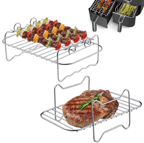2 Pcs Air Fryer Rack Stainless Steel, Dual Airfryer Grilling Racks with 4 Skewers, Compatible with Ninja Food Dual Zone Air Fryer AF300UK AF400UK, for Double Basket Tower Air Fryers Accessories