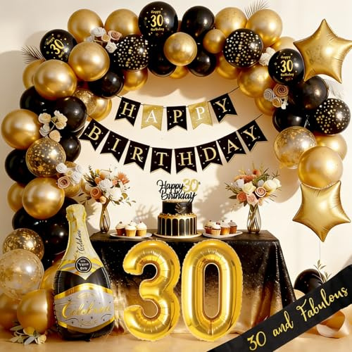 Deko 30 Geburtstag Mann Frauen, Geburtstagsdeko 30, Schwarz Gold Deko mit Happy Birthday Girlande, Luftballon 30 Männer Geburtstag Dekorationen