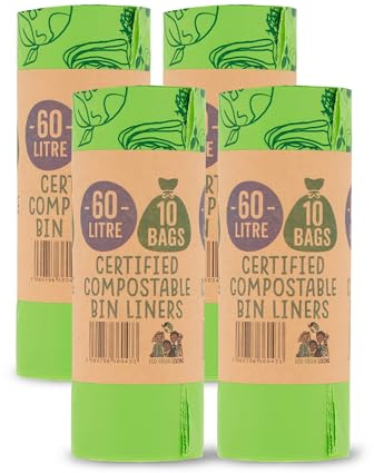 Eco Green Living 100% Compostable Biodegradable Bin Liners 60L Bin Bags for Food Waste, Kitchen Tall Bin Liners, Vegan, Strong, Leakproof, BPA Free, Recyclable, 4 Rolls, 40 Bags