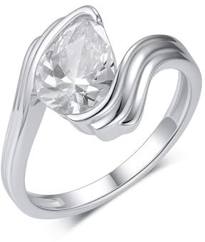KnSam Echt Solitärring Platin PT950, Trauringe Welle mit Moissanit Tropfenschliff, Pärchen Ringe Platin, Gr.48 (15.3)