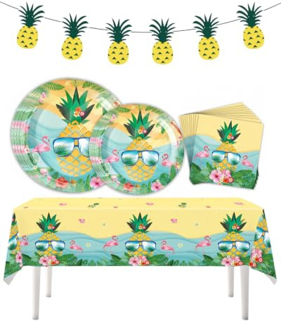 BTACGWP Juego de Vajilla Fiesta Hawaiana para 20 Personas, Banderolas, Platos, Servilletas y Mantel. Decoración Reutilizable para Cumpleaños y Beach Party sin Estrés de Limpieza