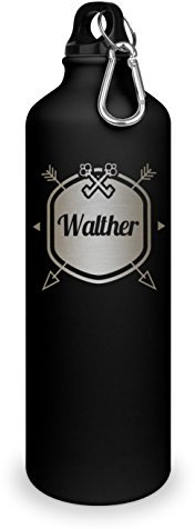 Trinkflasche mit Namen Walther - graviert mit Hipster Layout, Aluminiumflasche mit Gravur, Sportflasche - matt schwarz