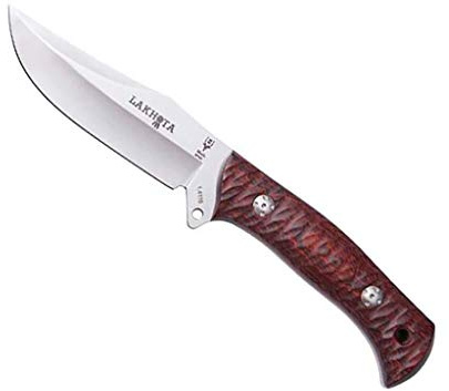 Muela Cuchillo LAKHOTA-12R hoja de acero ACX-380 de 12 cm y empuñadura de madera coral para Caza, Pesca, Supervivencia y Bushcraft Realizado en Ciudad Real + Portabotellas de regalo