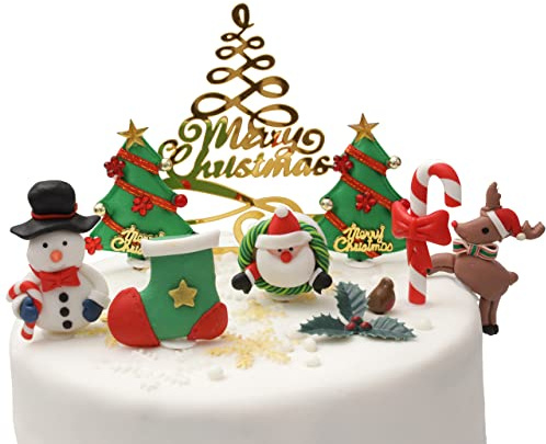 Christmas Cake Decorations Toppers (10 Piece Deluxe Set) Cupcake Topper Cake Decoration Pieces Merry Christmas