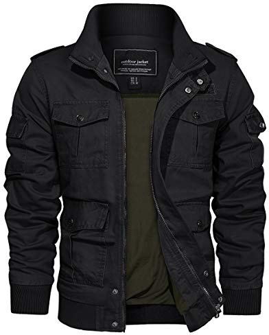 EKLENTSON Men's Casual Cargo Military Jacket Autumn Cotton Windbreaker Fishing Coat , Black , S