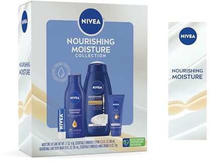 NIVEA Skin Care Set For Her, Nourishing Body Wash, Moisturizing Body Lotion, Lip Balm Stick with Shea Butter, & Hand Cream, 4 Piece Gift Set
