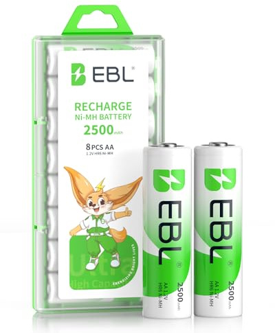 EBL 8 Pack AA Rechargeable Batteries 1.2V 2500mAh High Performance Pre-Charged AA Batteries