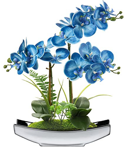 Briful 15 Artificial Phalaenopsis Flowers Arrangement Artificial Orchid Bonsai in Silver Pot Fake Flowers Silk Orchid Flower for Table Centerpieces Living Room Home Décor