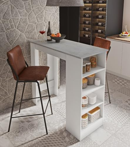 Dmora Küchenhalbtisch mit 4 Regalen, Barschrank, Beistelltisch, 112x49,50xh106 cm, Weiß und Zementfarbe