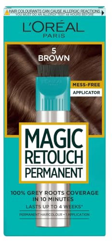 L'Oréal Paris Magic Retouch Instant Root Spray, Brown 5. Gives flawless coverage for grey regrowth in 3 seconds. The 75ml Brown 5 shade ensures a quick, easy, natural-looking touch-up for roots.