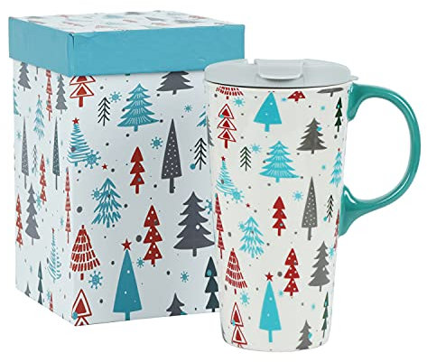 Topadorn Christmas Ceramic Mug Coffee Cup with Sealed Lid Tall Mugs Gift Box for Holiday, Microwave & Dishwasher Safe, 17oz Unique Coffee Mug for Latte & Hot Chocolate, Christmas Tree