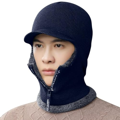 Winter-Strickmütze, 1 Stück warme Beanie-Mütze für Herren mit Thermo-Fleece-Kapuze, gestrickter Halswärmer, siamesische Winddichte Mütze für Outdoor-Sportarten, Männer, Herren, Grey, Einheitsgröße