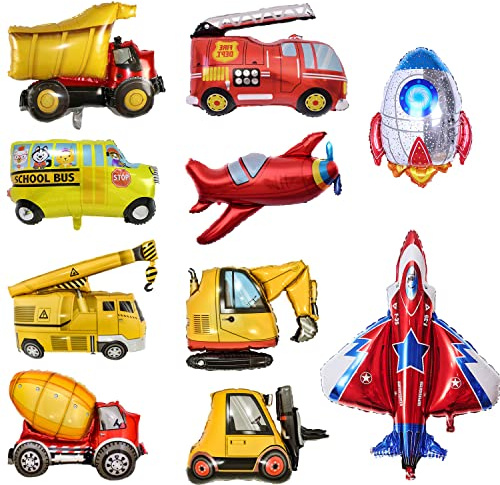 10 Pack Geburtstagdeko,Feuerwehrauto Ballon,Auto Form Luftballons,Geburtstagdeko,Bagger Geburtstag Deko,Deko Ballon Party Supplies,Ballon Set