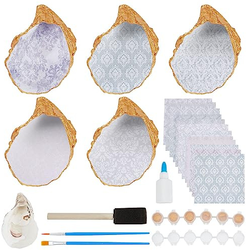 WEBEEDY DIY 5 Sets Oyster Shell Jewelry Tray Ring Display Holder Shell Celadon Pattern Trinket Dish Jewelry Organizer Craft Kit for Adults