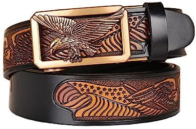 xichuangyuXCY Cintura a cricchetto da uomo in stile classico retrò drago fibbia a cricchetto cintura da uomo in pelle intagliata cintura casual da lavoro, motivo aquila nera 1, M