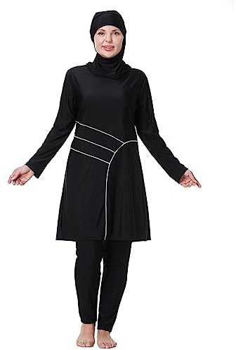 IWEMEK Burkini Damen Muslim Große Größen 3tlg Set Rash Guard Langarm Ganzkörper Schwimmanzug Schwimmkleid + Schwimmhose + Hijab Badeanzug Islamische Schwimmkleidung UV Schutz Schwarz 02 3XL