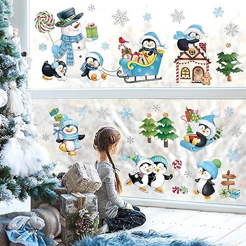 wondever Wandtattoo Weihnachten Pinguine Schneemann Fenster Weihnachtsdeko | Abziehen und Aufkleben, Repositionierbar, Wanddeko Weihnachten Selbstklebend für Weihnachtsfeier Wohnzimmer Winter Deko