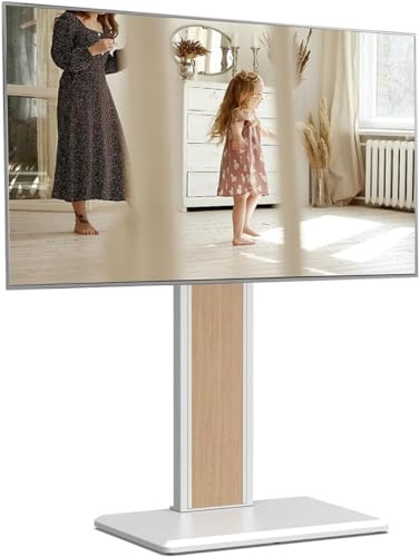 FITUEYES TV Floor Stand for 32-65 inch, Universal Swivel TV Stand, TV Stand with Concealed Storage,Holds 40kgs, Double Column, White & Oak