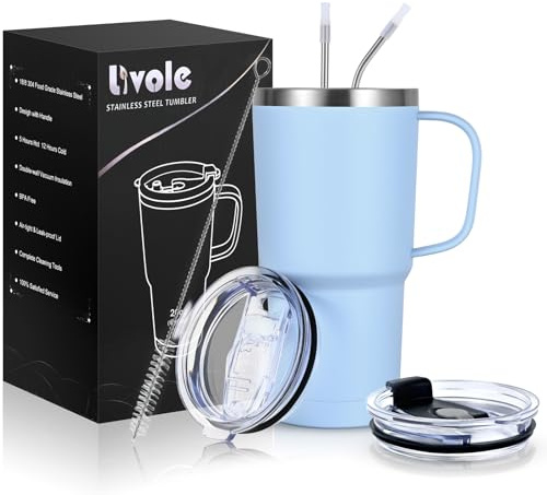 Livole 595 ml resemugg med handtag, 600 ml isolerad tumlare med sugrör och 2 lock, dubbelväggig vakuumvattenkoppsflaska, rostfritt stål termiska resekaffemuggar för kalla drycker, ljusblå