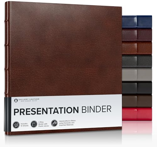 Gallery Leather 3 Ring Binder with Plastic Sleeves, Includes 10 Sheets, Sheet Size: 8.5 x 11 - Presentation Binder Rings with Hubbed Spine, Thick: 1.25 Belfast Brown