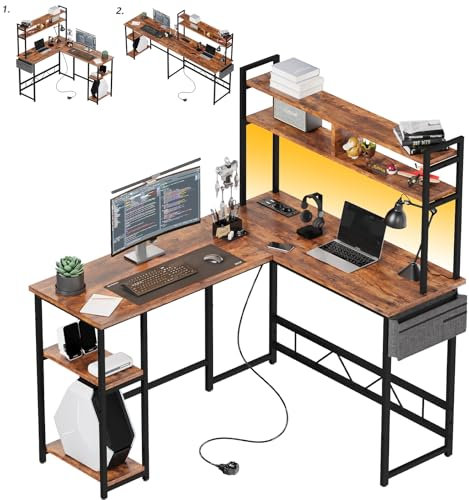 Flamaker Gaming Tisch L Form mit LED 160 x 120cm, Reversibel Schreibtisch mit 2 Steckdosen und 2 USB Ladeanschluss, Eckschreibtisch mit Stall und Lagerregal, Mit Seitentaschen, Vintage-Braun