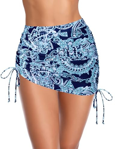 SHEKINI Slip bikini da donna con gonna a triangolo integrato slip coulisse increspato cravatta laterale, Stampa retrò, M