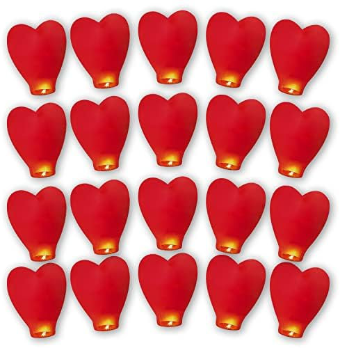Sky Lot de 20 lanternes chinoises à libérer en mémoire - Couleur amour - Grande lanterne commémorative en papier - Pour anniversaire, mariage, funérailles, Noël - Pour faire des vœux (cœur rouge)