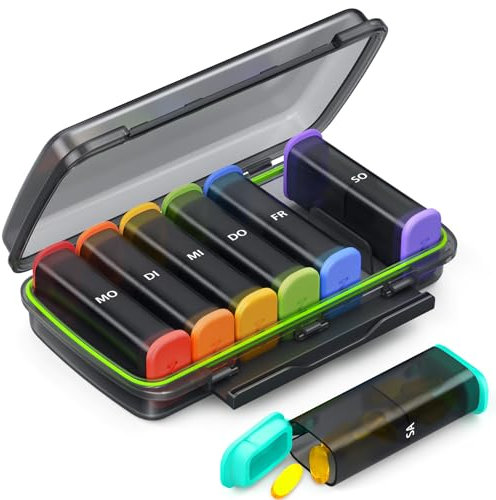 AUVON Tablettenbox 7 Tage Morgens Abends, tragbare Pillendose 7 Tage 2 Fächer mit Feuchtigkeitsbeständiges Design, Medikamentenbox auf Deutsch für Medikamente, Vitamine, Fischöl usw.