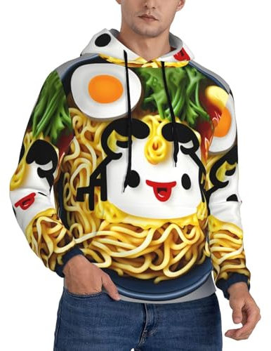 HJLUUFT Sudadera con capucha para hombre, diseño de huevera, fideos y ramen, con bolsillo canguro, suave, informal, con bolsillo, Negro, XL