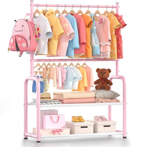 ZHKINGGS Kids Clothing Rack with 2-Layer Storage Shelf and 2 Adjustable Hanging Rods, Dress Up Rack for Hanging Clothes,Dress up Storage for Baby Toddle Kids(Classic, Pink)