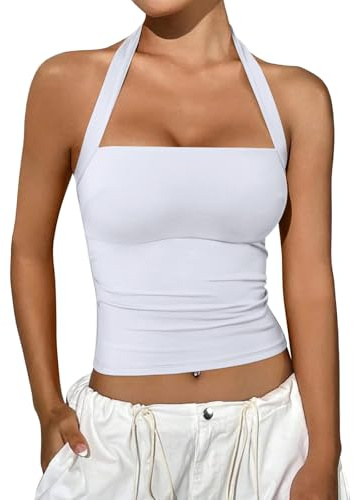 REORIA Damen Neckholder Ausgeh-Tops Sommer Y2K Shirts Ärmellos Sexy Crop Tank Top Y2k Outfits Weiß S