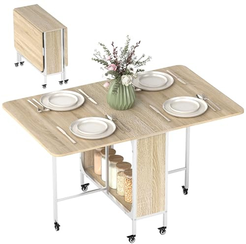 HOMCOM Mesa Plegable de Comedor con Ruedas 130x80x74 cm Madera Natural
