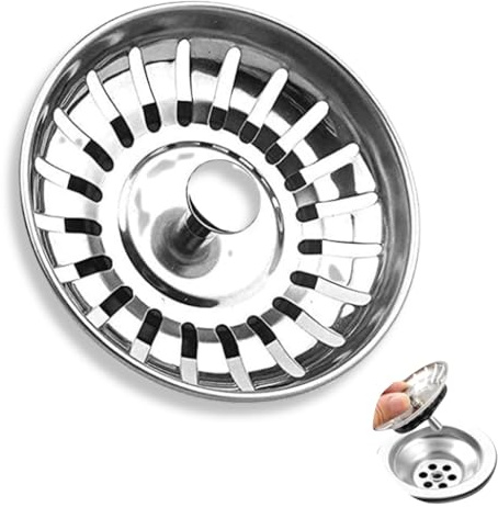 Universal Abflussstopfen 75mm - Stöpsel für Spülbecken, Abflusssieb Küchenspüle, Edelstahl Waschbeckenstöpsel - Höhenverstellbares Siebkörbchen für Waschbecken, Spüle Zubehör, 1 Stück (Edelstahlfarbe)
