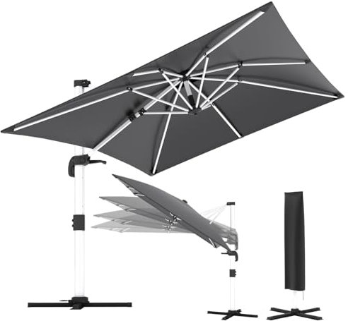 TRIUMPHKEY Sonnenschirm Balkon 300x300x260 cm Aluminium Freischwingender Sonnenschirm mit Kurbel Wasserdichter Gartenschirm, UV50+ Sonnenschutz, 360° drehbar, Grau