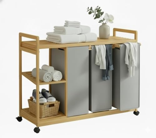 Panier à linge Panier à linge 3 compartiments avec roulettes Sale pour salle de bain Panier à linge sale Armoire à linge en bambou naturel écologique Armoire de salle de bain avec panier à linge