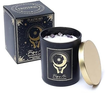 LivuX 1266 - Vela de manifestación de cristal con tapa y piedras preciosas, 9 x 7 cm, fundida a mano de cera de soja y palma, aroma a palo santo y lavanda, vela lunar y vela de relajación, 200 g