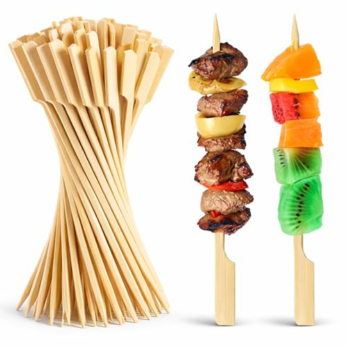 60pc 20cm Bamboo Paddle Skewers - Biodegradable Wooden Sticks for Burger Stacks, Vegetables, Fruit, Sweets, Skewers for BBQ, Ovens and Air Fryers, Appetisers and Platters (25cm)
