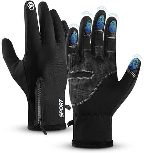 AURUZA Zipper Winter Gloves for Men Women, Thermal Touchscreen Gloves Waterproof Windproof for Cycling, Skiing, Running & Cold Weather,Black,Large
