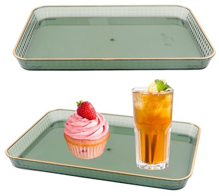 2 stycken brickor rektangulär serveringsbricka köksbricka snabbmat frukostbricka servering brickor snacksbricka hotellbricka grön gastrobricka guldkant serveringsplattor kaffebricka (31 x 22 x 2,5 cm)